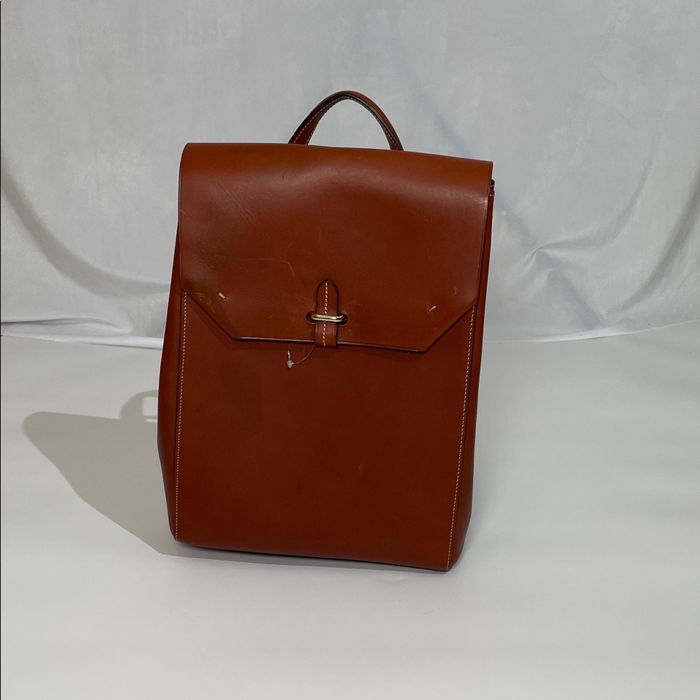 Paul Stuart 100% Leather Backpack Tan Brown Red Lining Gold Hardware
